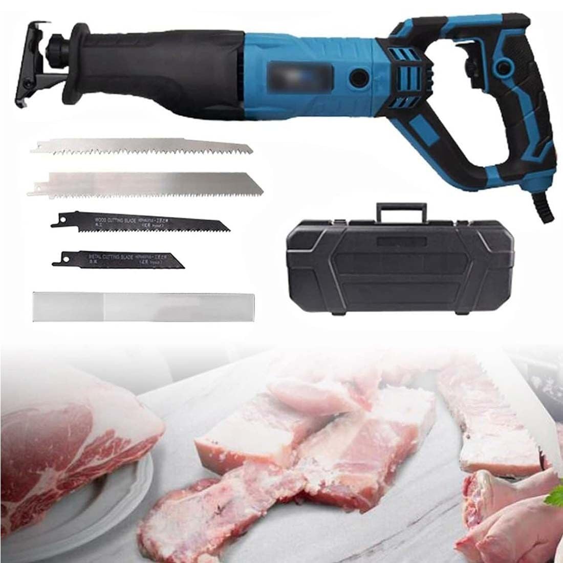 Sierra Sable Eléctrica Mano con 4 Hojas De Sierra, Sierra Eléctrica para Huesos 900W/1050W/1300W, Sierra Eléctrica para Carne para Madera, Metal Y Aluminio,Blue-1050W
