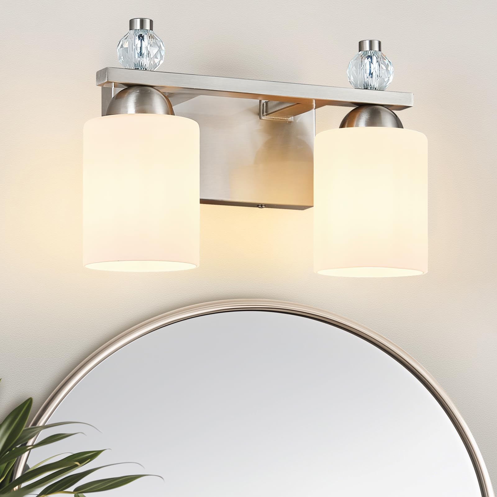 BNHHLZ White Glass Bathroom Vanity Light Fixtures 2 Light Mid Century Nickel Vanity Light Over Mirror Modern Vanity Lights for Bathroom Mirror Hallway E26 Socket (Bulbs Not Included)