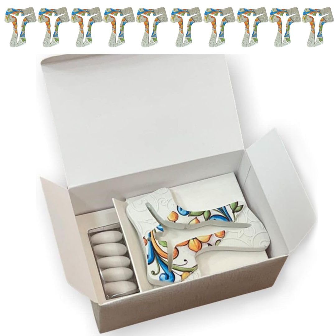 Regalami.Shop 10 Bomboniere Croci Tau in Marmo di Carrara con fregi a Rilievo e Stampa Ceramica Completo di Scatola e Portaonfetti (11x9, 10)