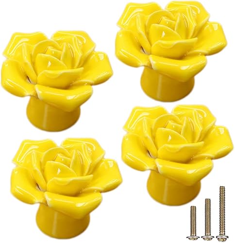 Paquete de 4 pomos de cerámica con rosas amarillas, tiradores vintage de cerámica con 3 tornillos de tamaño para armario de cocina, vestidor,