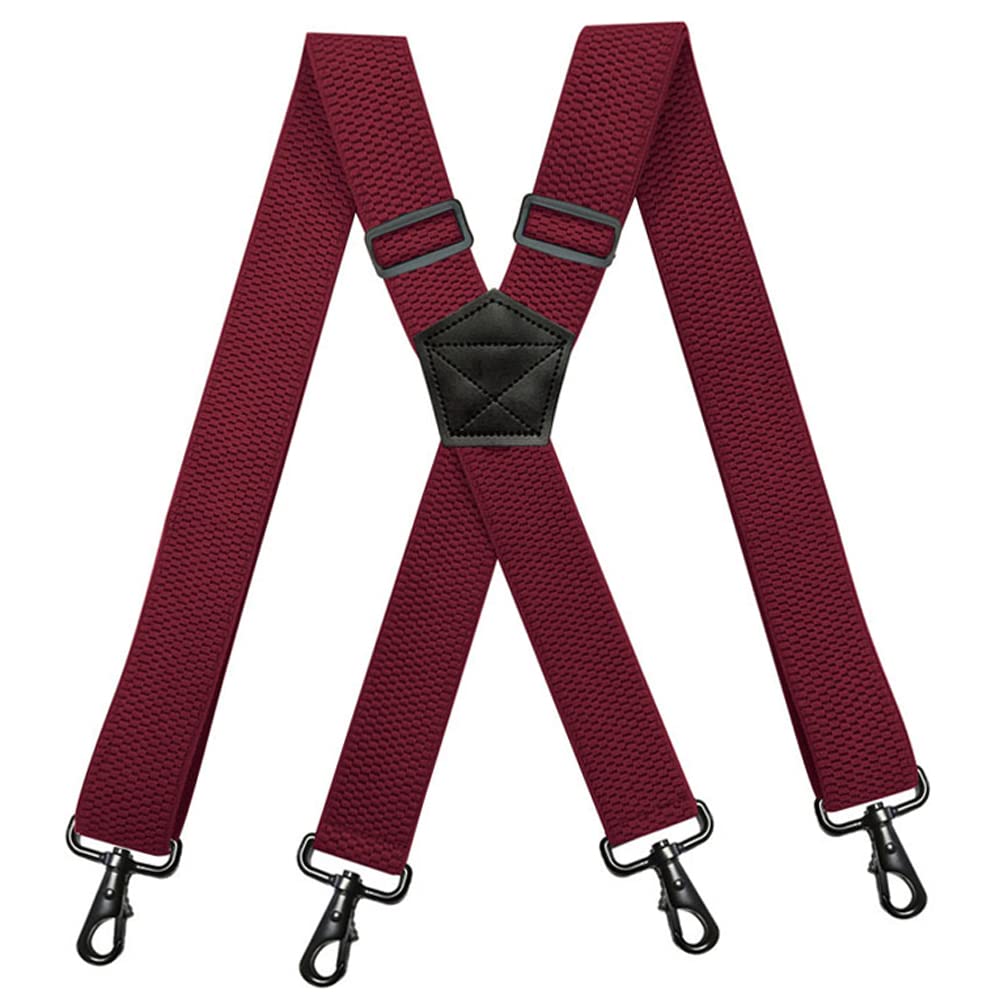 YYKSYDPT 1.5Inch Suspenders,Heavy Duty Work Suspenders Men,Sturdy Suspender with 4 Carabiner Hooks Adjustable Elastic X Shape Mens Braces for men Trousers (Wine Red)