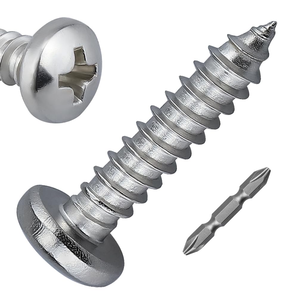 Paquete de 100 tornillos autorroscantes de cabeza plana #6 x 1-1/4 pulgadas para madera/chapa/plástico, acero inoxidable 304 (18/8), resistente a la corrosión, broca Phillips incluida