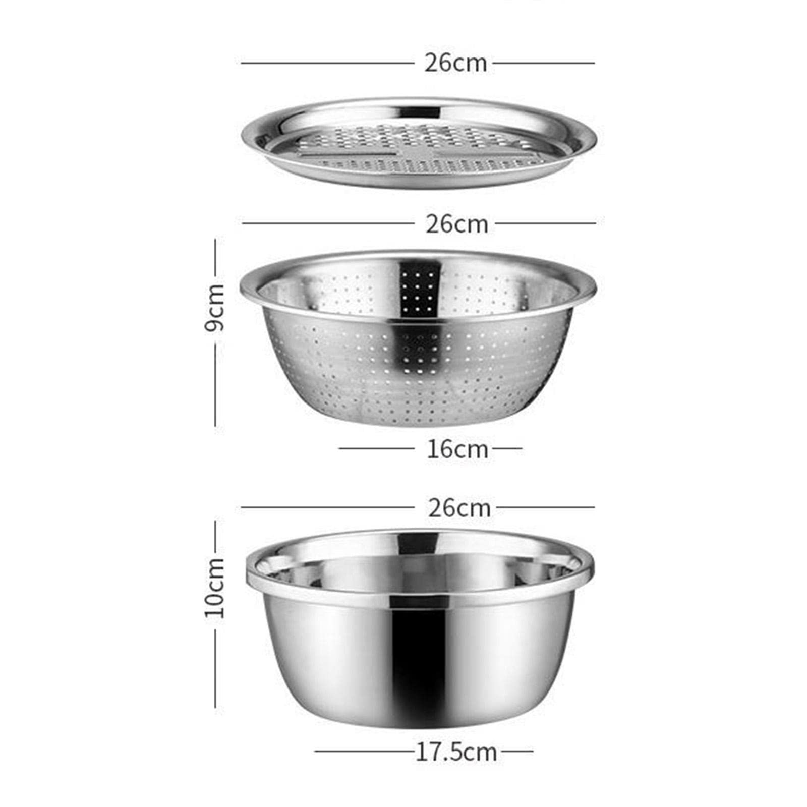 3 Pezzi Ciotole in Acciaio Inox con Grattugia Colino Scolapasta Multifunzione Ottimo per Lavare Affettare Adatto a Cucina Domestica P, 26 cm