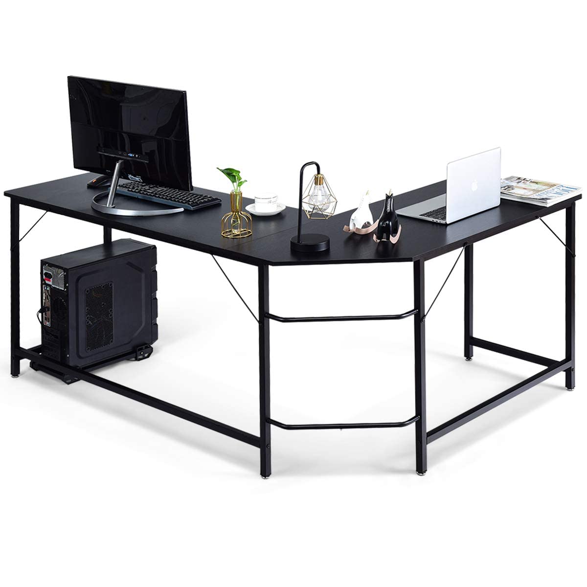 RELAX4LIFE Computertisch für Zwei Personen, Schreibtisch L-Form, Eckschreibtisch mit Verstellbarer Fußpolster und CPU Ständer, Platzsparender Winkeltisch für Arbeitszimmer & Büro, PC-Tisch (Schwarz)
