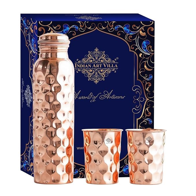 Pure Copper Drinkware Gift Set Embossed Design 1 Bottle 900 ML and 2 Glasses 300 ML Blue Box