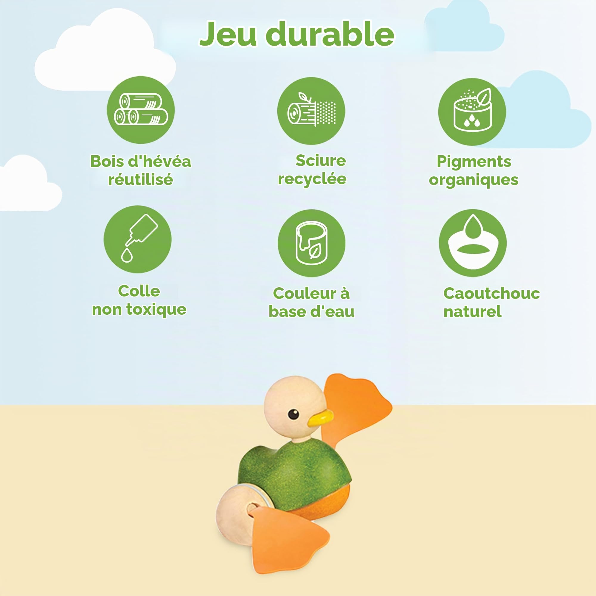PlanToys Jouet à Pousser Canard - Animaux à Pousser en Bois dès 1 An - Canard en Bois Durable avec Bruit Flip-Flop - Jouet Éducatif pour Bébé, Wood