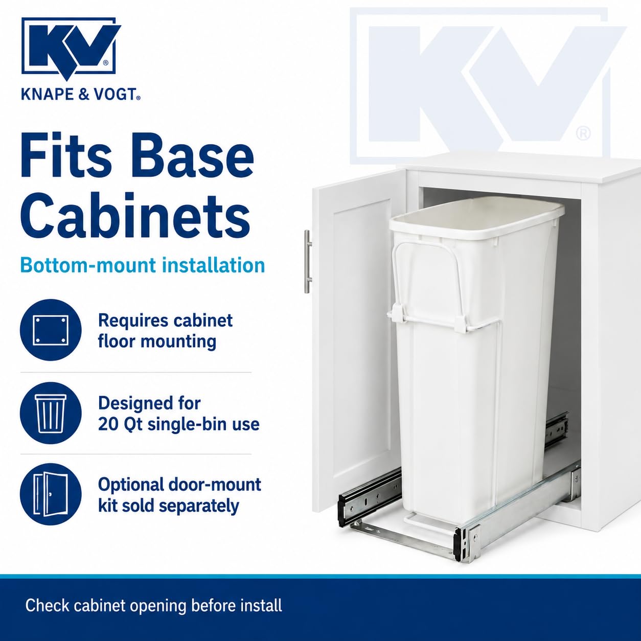 Knape & Vogt RS-PSW9-1-20-W Abfalleimer, 43,2 x 20,3 cm (H x B x T), Stahl, 20 Qt. Einzelner weißer ausziehbarer Mülleimer