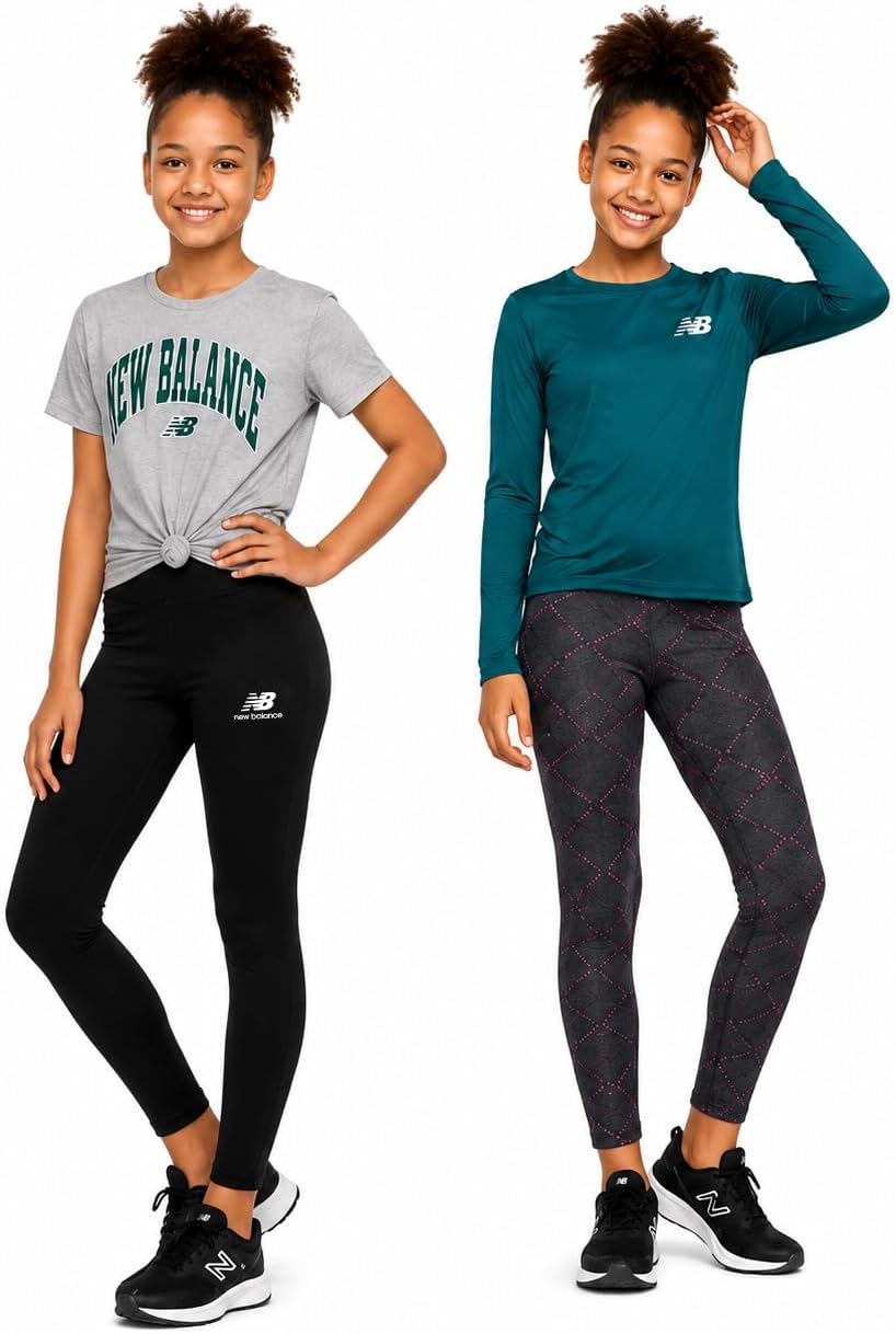 New Balance Girls 4 Piece Short Sleeve, Long Sleeve Shirts & Leggings Set