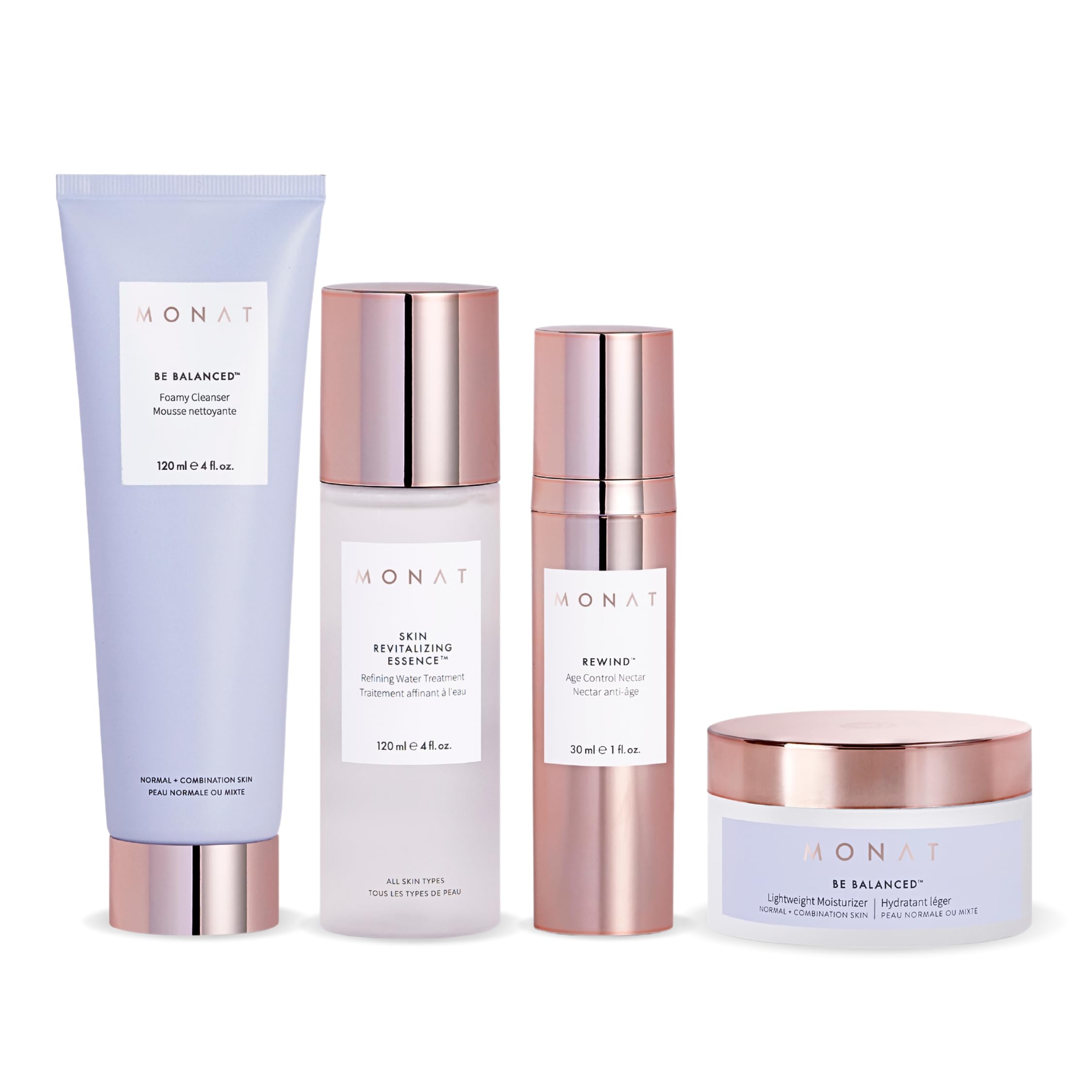 Monat BE BALANCED System for Normal & Combination Skin - Brighten & Renew, Includes Foamy Cleanser, Revitalizing Essence, Age Control Nectar, Lightweight Moisturizer