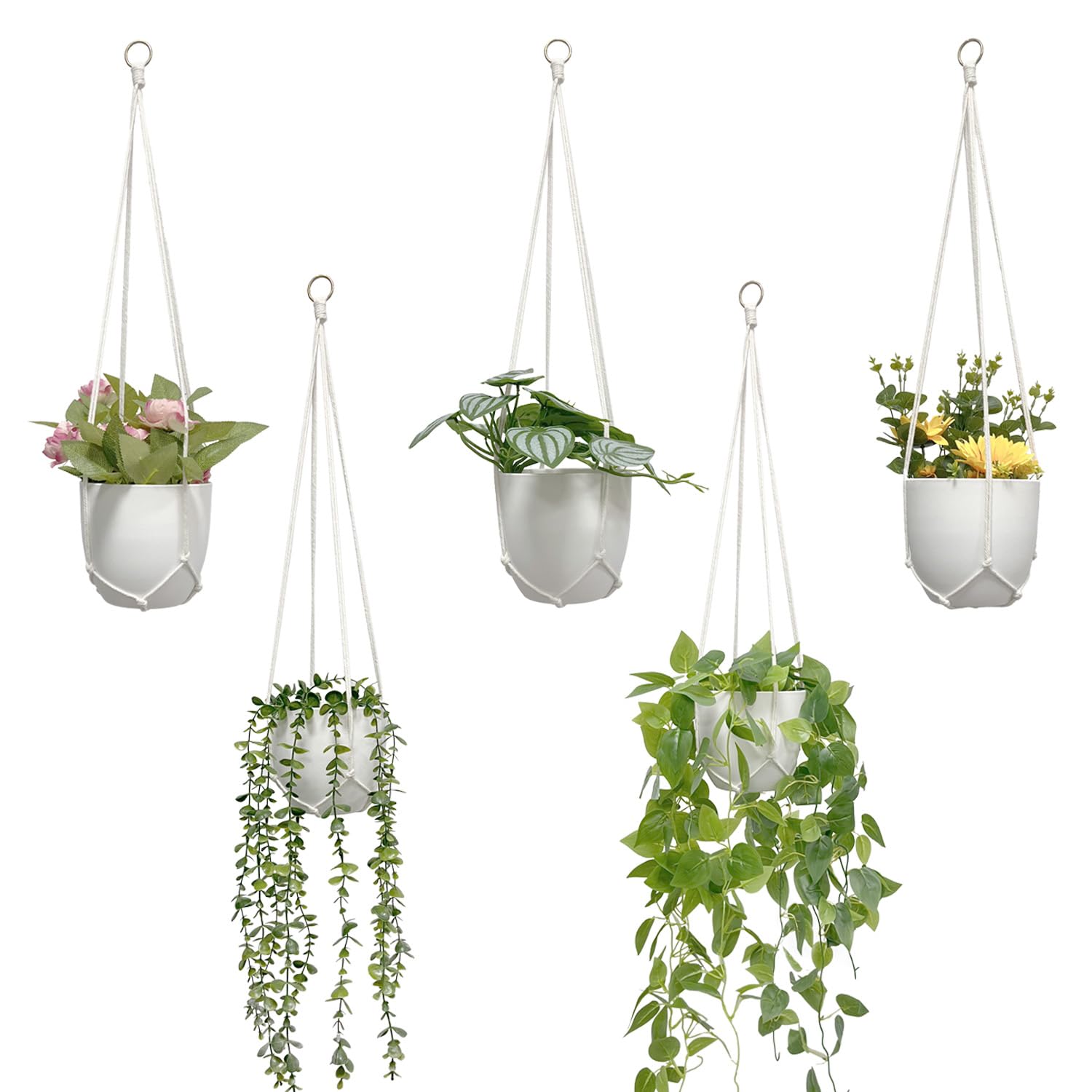HanYun Hanging Planters Baskets, 5 Pack Hanging Planter 100% Cotton Macrame Flower Pot Wall Hanging Holder for Indoor Boho Decor Home Decoration Wall Decor