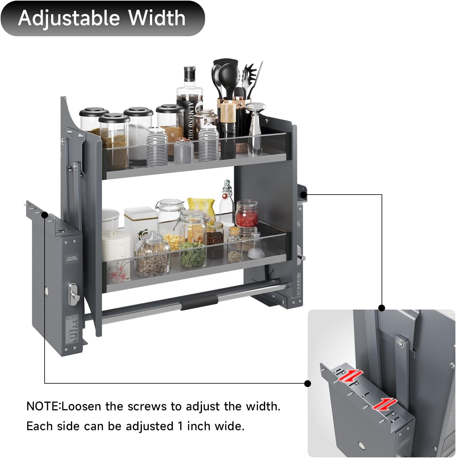 Pull Down Heavy Duty Shelf Organizer for Kitchen Upper Cabinet, 2-Tier Pull Down Cabinet Organizer, Adjustable Width of 30-32 Inch, Grey