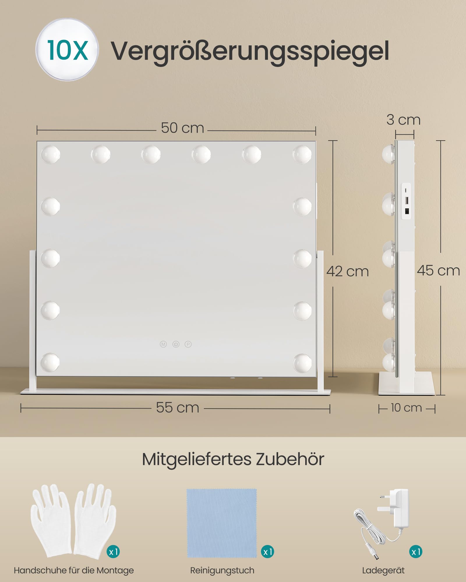 SONGMICS Schminkspiegel mit Beleuchtung, Kosmetikspiegel mit 14 LED-Glühbirnen, mit Ladeanschlüssen, Touch-Steuerung, 3 Lichtfarben, dimmbar, Handyhalter, 50 x 42 cm, mattweiß LWM007WC02