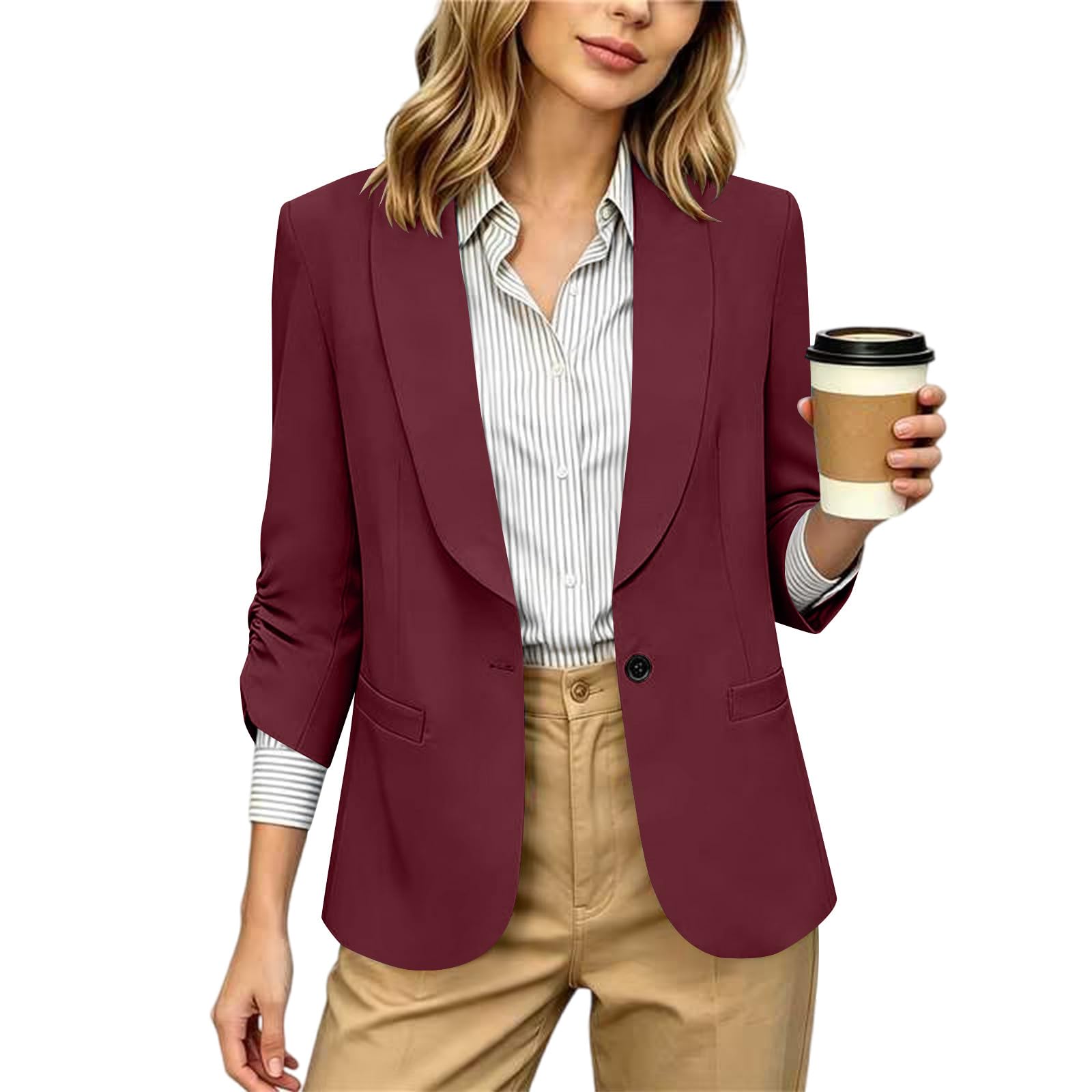 RLEHJN Damen Blazer,Lange Casual Open Front Gefütterte Blazer Arbeit Büro Jacken mit Taschen Sportlich Elegant Blazerjacke Casual Blazer Jacket Übergangsjacke Business Casual Outfits Für Die Arbeit