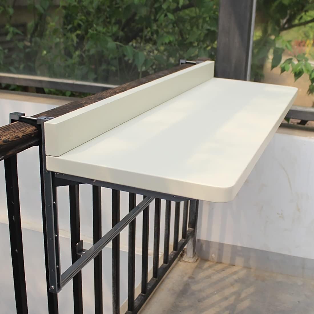 Mesa auxiliar ajustable para balcón al aire libre, para barandilla de balcón, mesa colgante plegable blanca (120 x 28 cm)