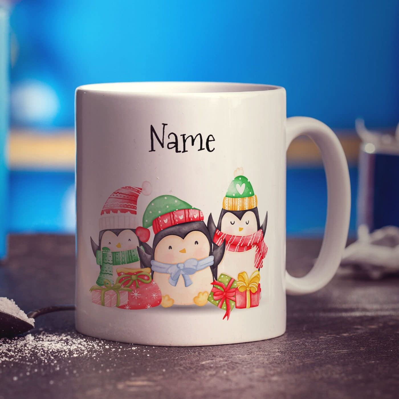 Christmas Penguins Personalised Mug - Cute Custom Name Xmas Gift for Christmas, Holidays, Hot Chocolate - Festive Present for Him, Her, Mum, Dad, Son, Daughter, Friend - 11oz Ceramic Cup