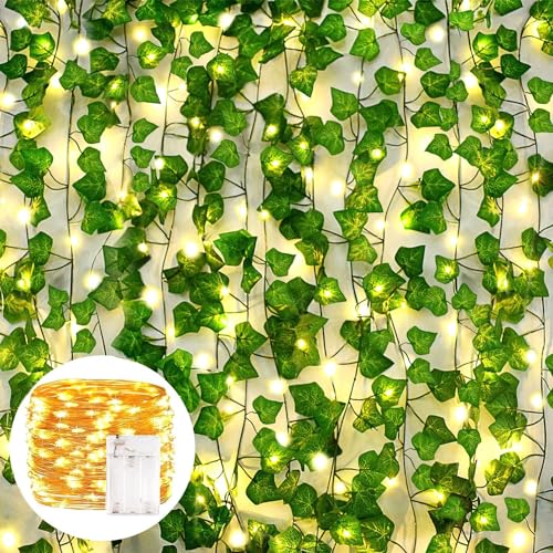 AIOR 12 Pack 84ft Fake Vines with Lights, Green Ivy Vines with 100 Led String Lights for Wall Hanging Decor for Bedroom Party Indoor Outdoor Home Decor