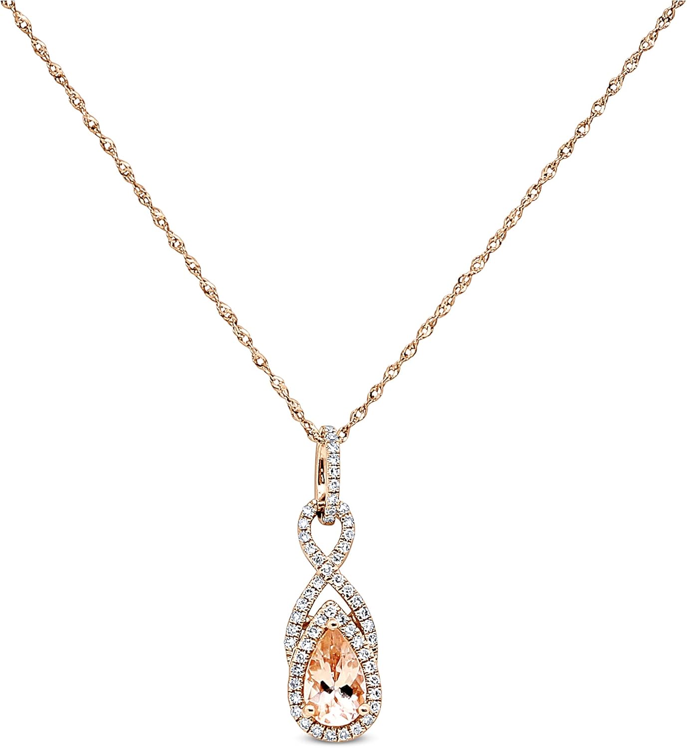14K Solid Rose Gold Genuine Morganite 3/4 Ct Pear Shape Diamond Pendant Necklace