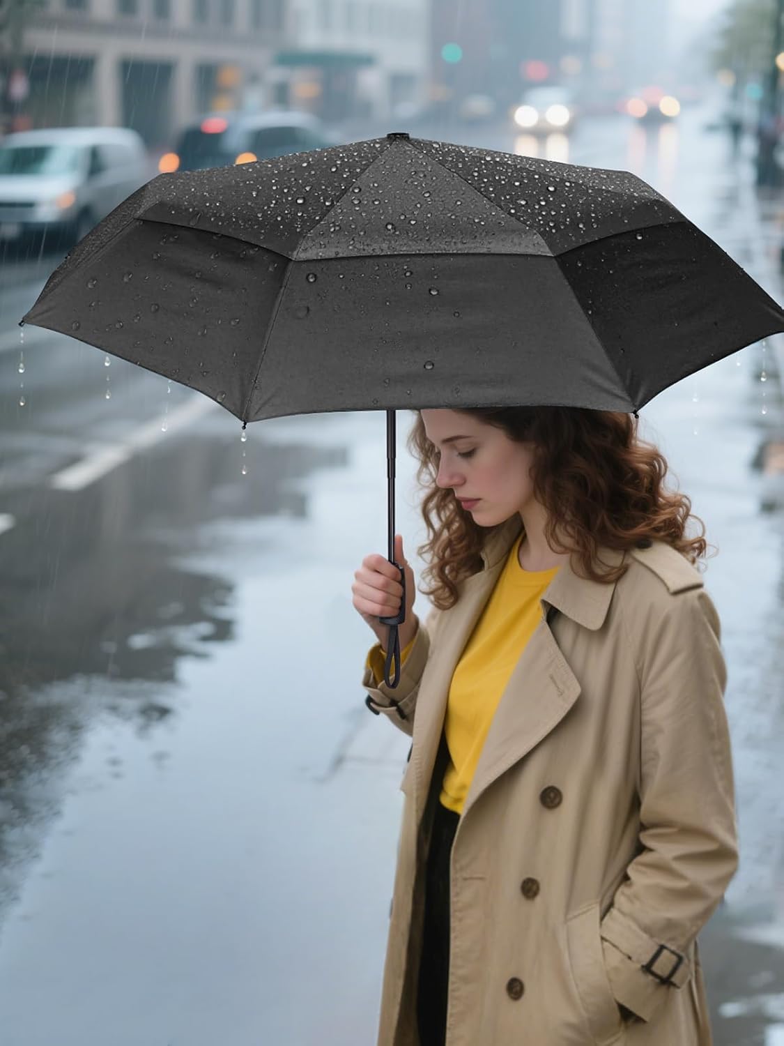 PTEROMY Windproof Travel Umbrellas for Rain and Sun, Withstands 85MPH Winds Auto Open Close Folding Umbrella with Ergonomic Handle, Quick Dry Canopy for Commuting or Backpack