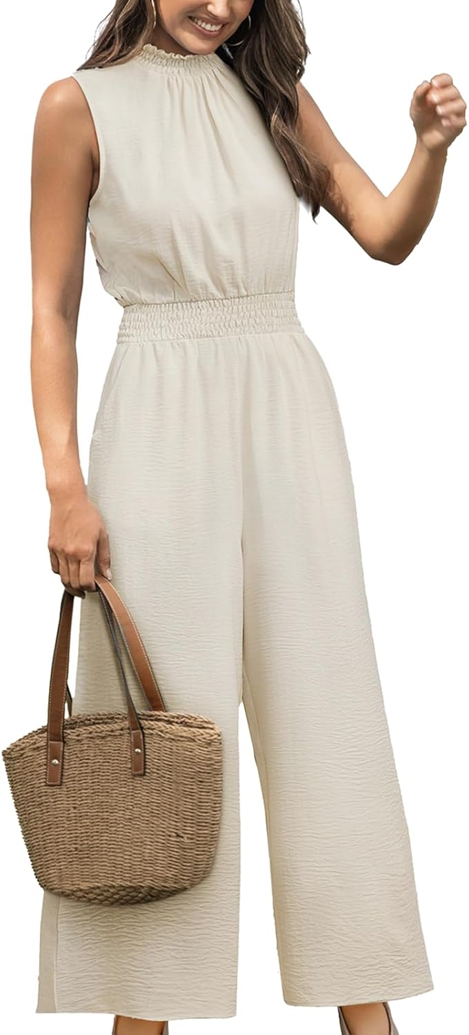 CUPSHE Women Floral Summer Maxi Jumpsuit with Pocket Mock Neck Elastic Waist Wide Leg Business Wedding Casual Holiday Dressy