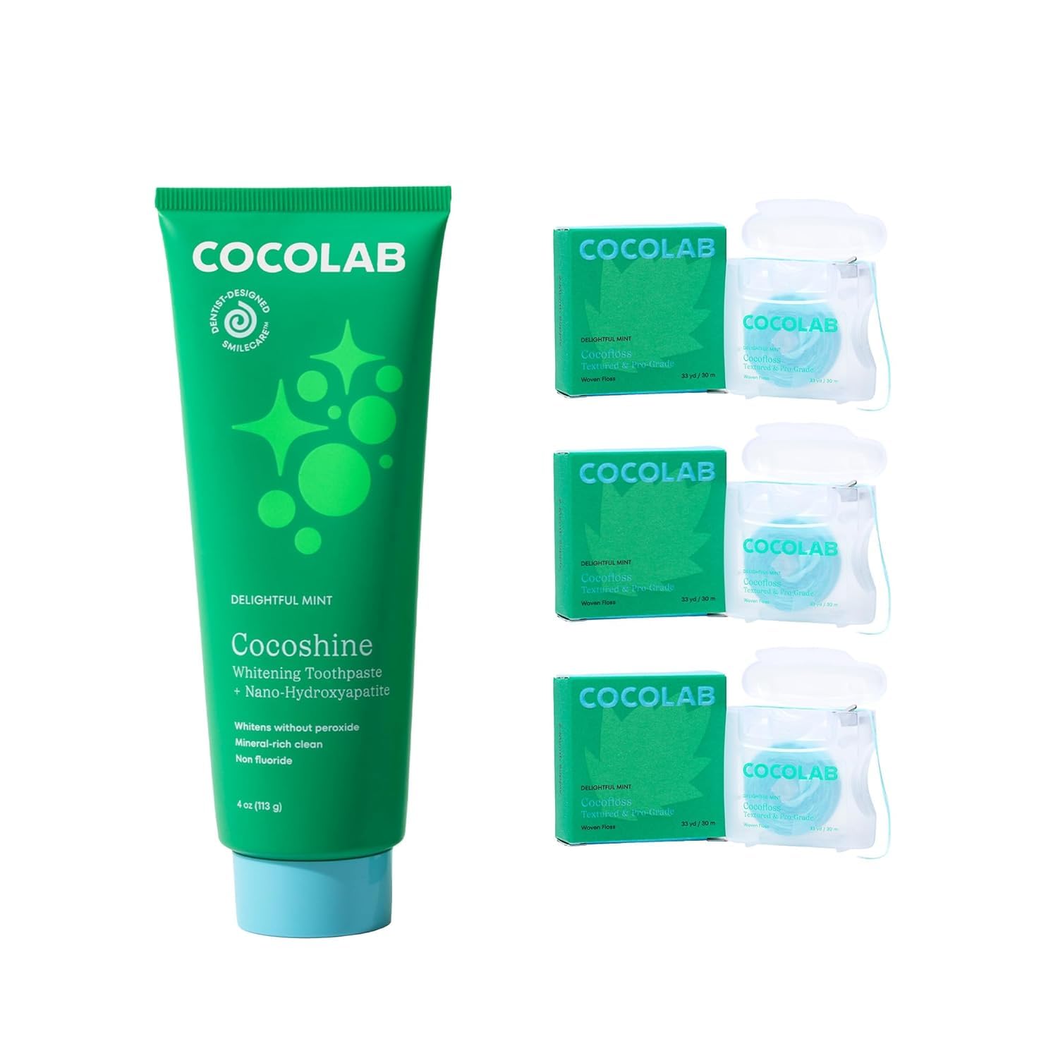 Cocolab Cocofloss Oral-Care Set 3 Spools Dental Floss 1 Cocoshine Woven String Floss with Coconut Oil Powerful Whitening