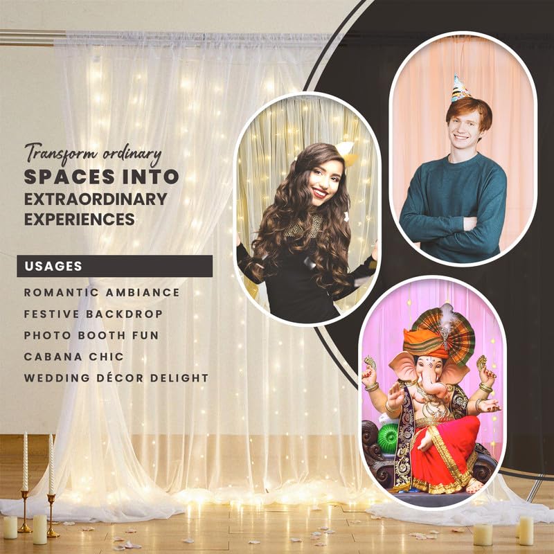 Selibration Beige Decoration Backdrop Net Hanging Curtain Cloth for Romantic Dinner & Birthday Parties Valentines Day Haldi & Mahndi Party with LED (Pack of 2 Pieces) 3