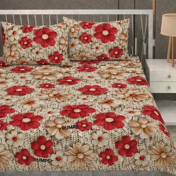 Image of RUMPS 380 TC Premium Heavy Cotton 7D Print Fast Colour Feel Elastic Fitted Floral Bedsheet King Size with 2 Pillow Covers || (red Coffer, Fitted Queen-60x78)