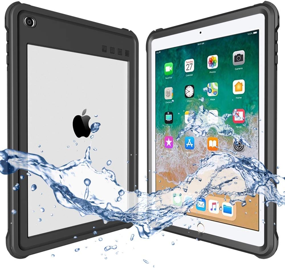 ShellBox 2017/2018 Waterproof Case iPad 9.7 inch, iPad 6th Generation Shockproof Case Water Resistant IP68 360 Degree All Round Protective Ultra Slim Thin Dust/Snow Proof with Lanyard(Black)