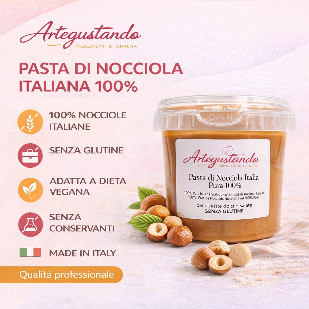 Artegustando Pasta di Nocciola Pura Italia 100% 500 Gr - Senza Glutine, Artigianale - Per Dolci, Gelati, Creme - Made in Italy (500g)