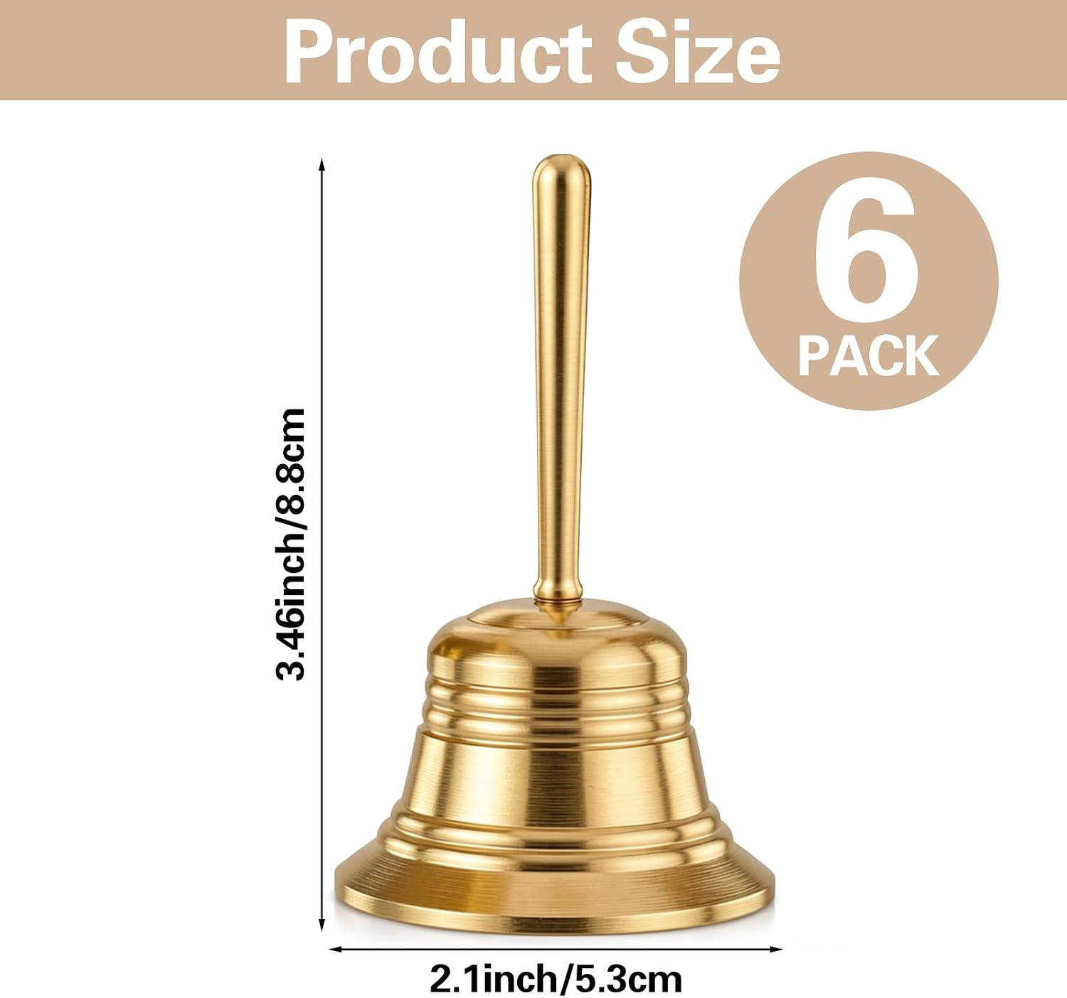 6 Pack Brass Hand Call Bell for Seniors, Bedside, Teacher, Dinner, Wedding, Meditation, Yoga, Tibetan Puja, Classroom, Service, Attention, Celebration, Mini Loud Solid Brass Bells
