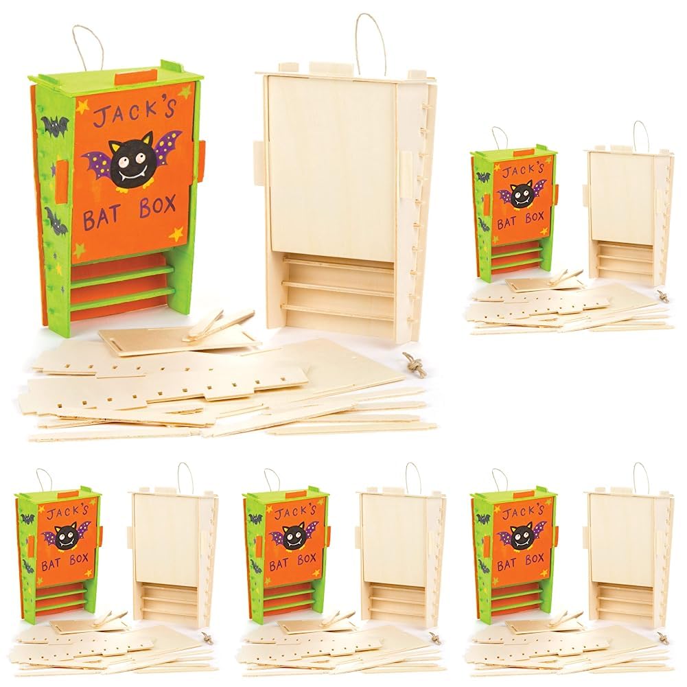 Baker Ross Bastelsets Fledermauskasten aus Holz für Kinder als Bastel- und Deko-Idee zum Gestalten für Jungen und Mädchen (2 Stück), holzfarben (Packung mit 5)