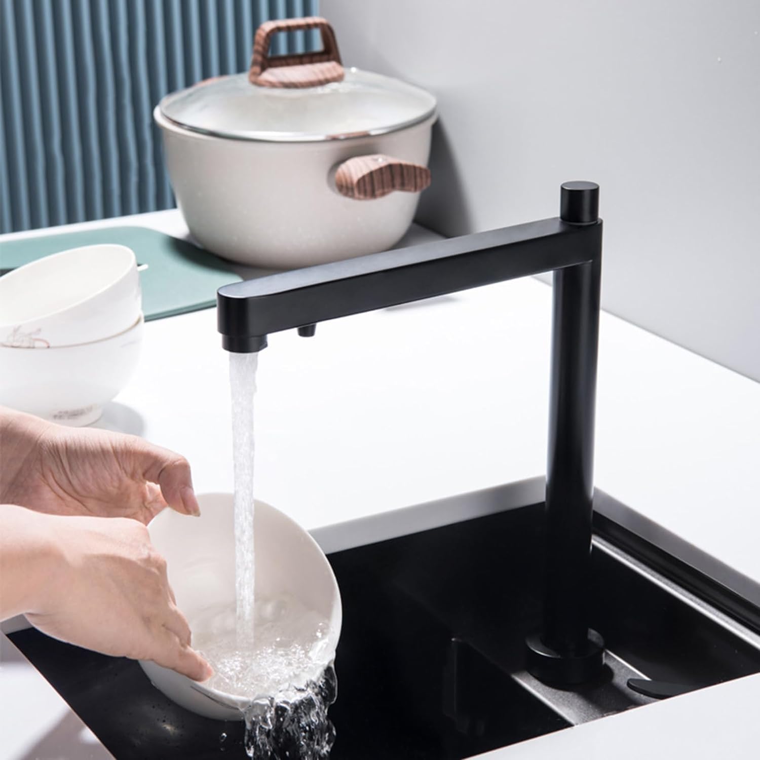 Grifo de 3 vías, grifo negro con filtro de agua de 3 vías, grifos de cocina para beber, grifo de cocina para ventana frontal, caño giratorio de 360 ​​°, agua fría y caliente