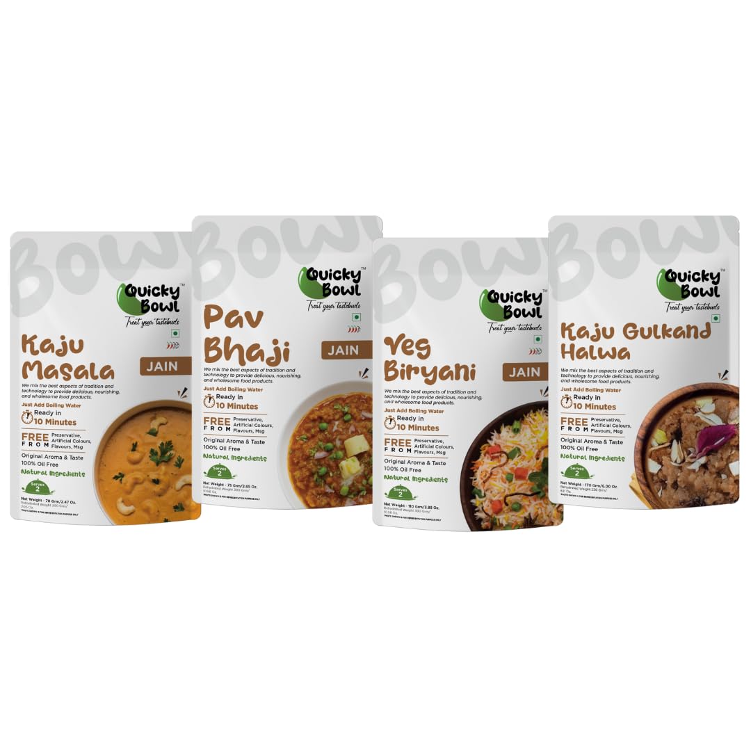 Quickybowl ready to eat Jain Meal Combo with sweet | Instant Food | No onion No garlic | freeze dried | (Pack of 4)