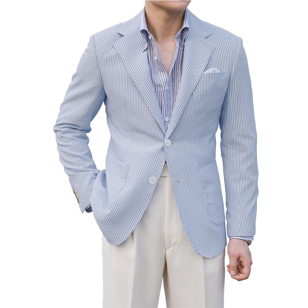 Leisure Seersucker Men Summer Suits Jacket Blue Formal Regular Fit Blazer Breathable Outfit