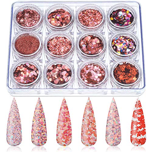 12 Boxes Holographic Nail Art Sequins Glitter Nail Sequins Powder Rose Gold Iridescent Nail Flakes Mixed Laser Confetti for Nail DIY Art Makeups Supplies (Rose Gold)