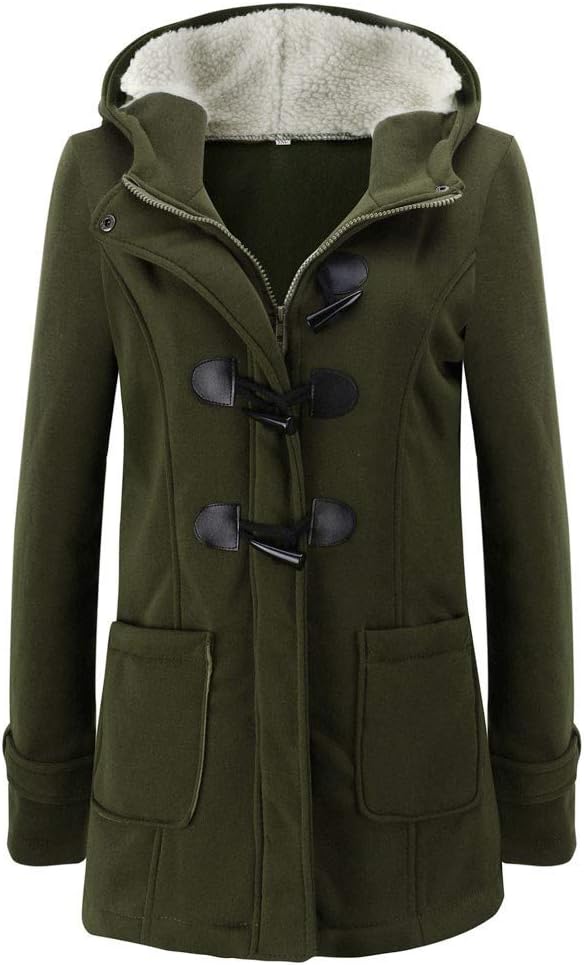 Womens Hoodie Coat Jacket Vintage Horn Buckle Solid Long Outerwear Winter Warm Overcoat 6 Color UK Size 6-20 (Army Green,M