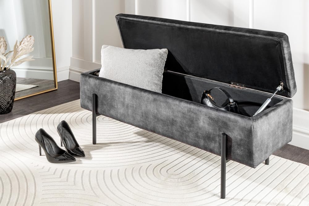 Riess Ambiente Moderne Truhenbank LOFT 100cm grau Samt Sitzbank mit Stauraum gespolstert schwarz Metall Schminkbank Samtbank Flurbank Bank Dekobank Schlafzimmerbank