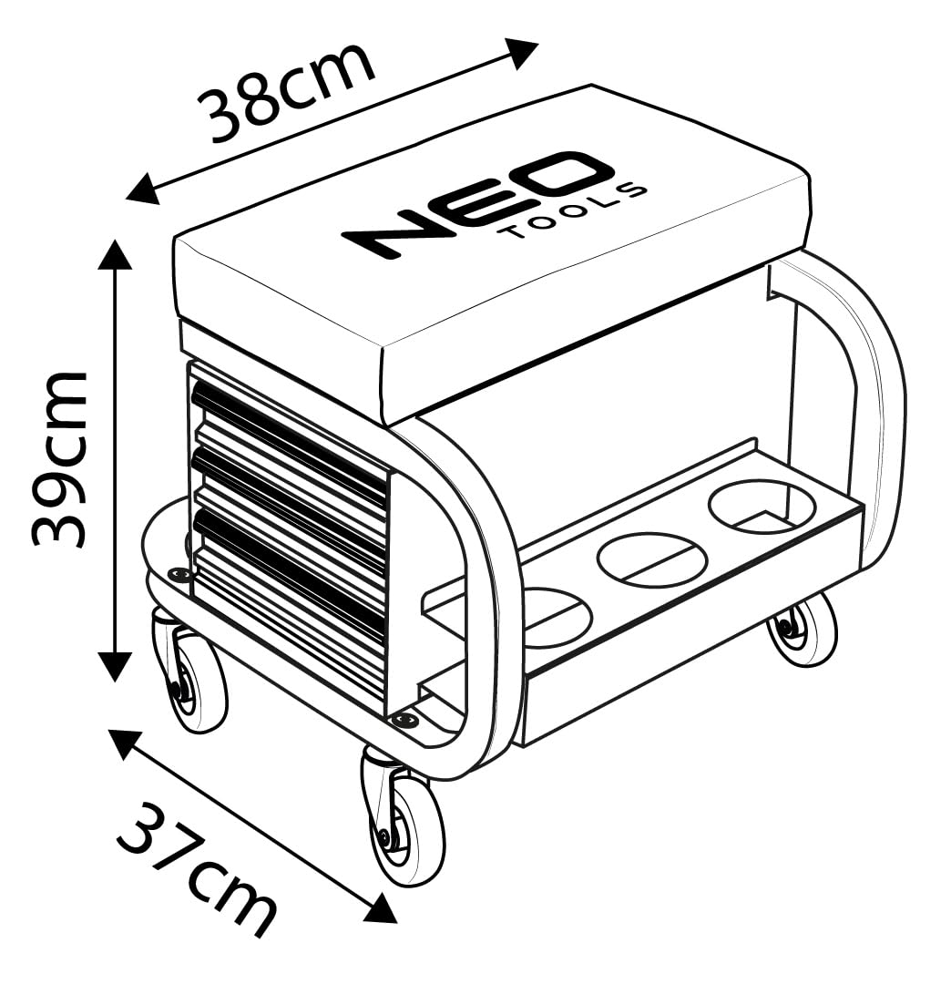 NEO TOOLS Werkstatthocker mit Ablagefläche 38 x 39 x 37 cm mit Rollen Werkstattwagen Werkzeugwagen Werkstatt-Rollsitz Werkstattsitz fahrbar mit 4 Rollen und 3 Ablagen