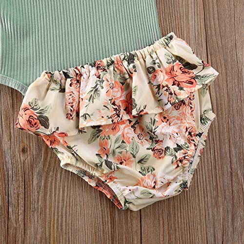 Syautyny Summer Infant Clothes Baby Girl Ruffled Ribbed Bodysuit Girls Floral Shorts Headband Newborn 3PCS Sets (Green, 3-6 Months)