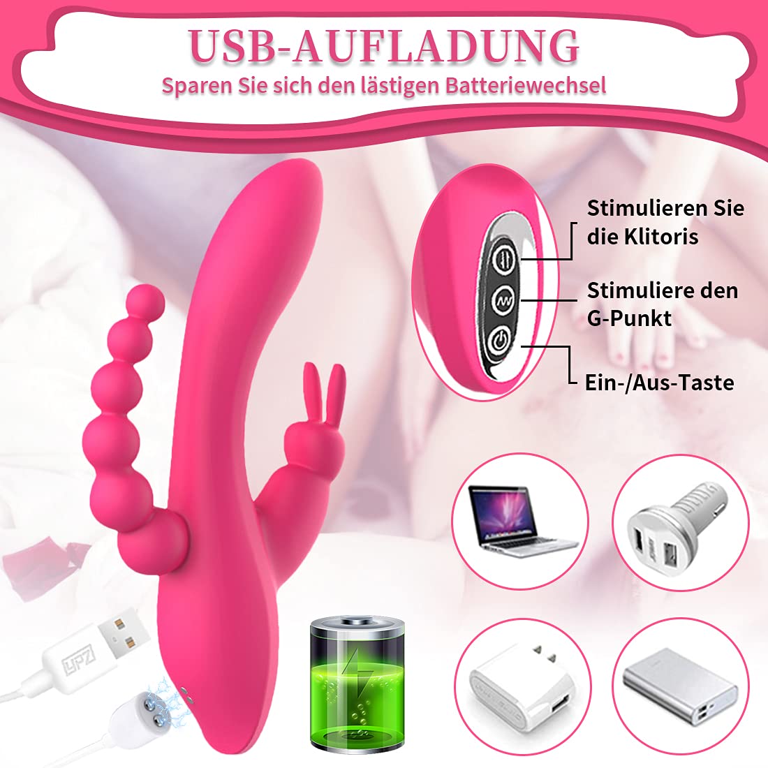 Vibromasseur Rabbit 3 en 1 - Rechargeable - Viebrator - Pour femme - Lapin - Adulte - Godemichet - Jouet pour lapin et femme