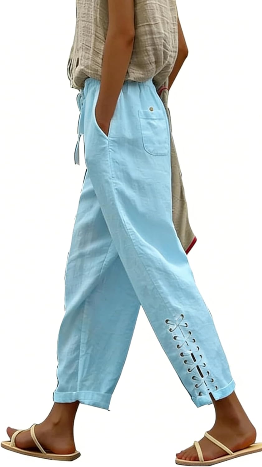 BIRW 2026 Summer Women Cotton Linen Pants Casual High Waist Comfy Lightweight Gauze Pants with Pockets Beach Trousers