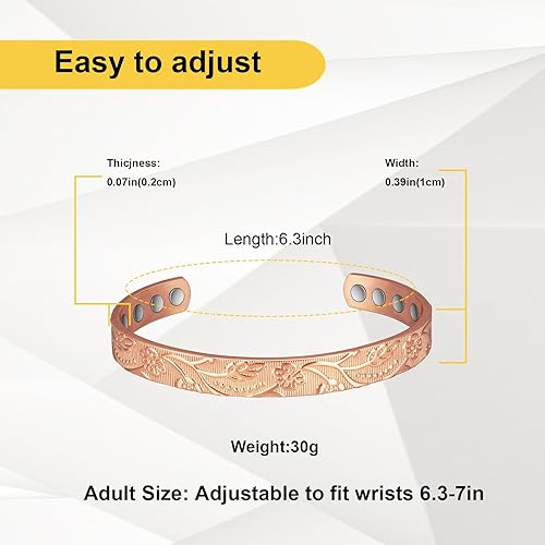 Miniatura 3 de EnerMagiX Pulsera de cobre para mujer, 6.5 pulgadas, flor de cobre puro, ajustable, con imanes, regalo de joyería de cobre (1042)