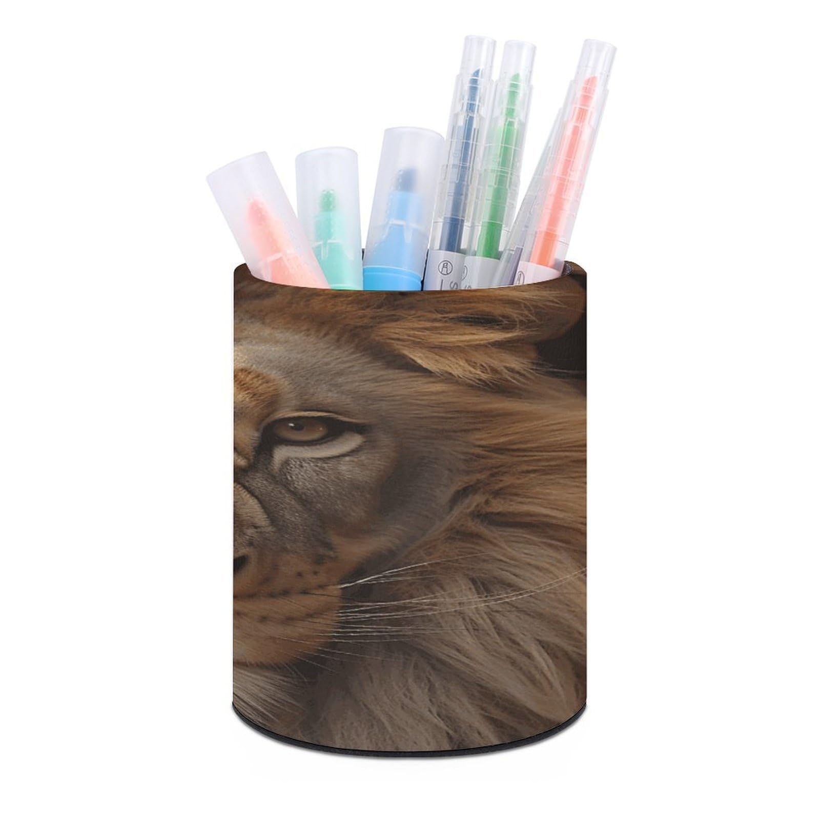 VstaDank African Lion Head Pen Holder Round Pencil Holder Cup Pen Container PU Leather Desk Organizer Stand Decorative Brush Scissor Holder Decoration Office Desk Home (3.1 x 3.9 inch)