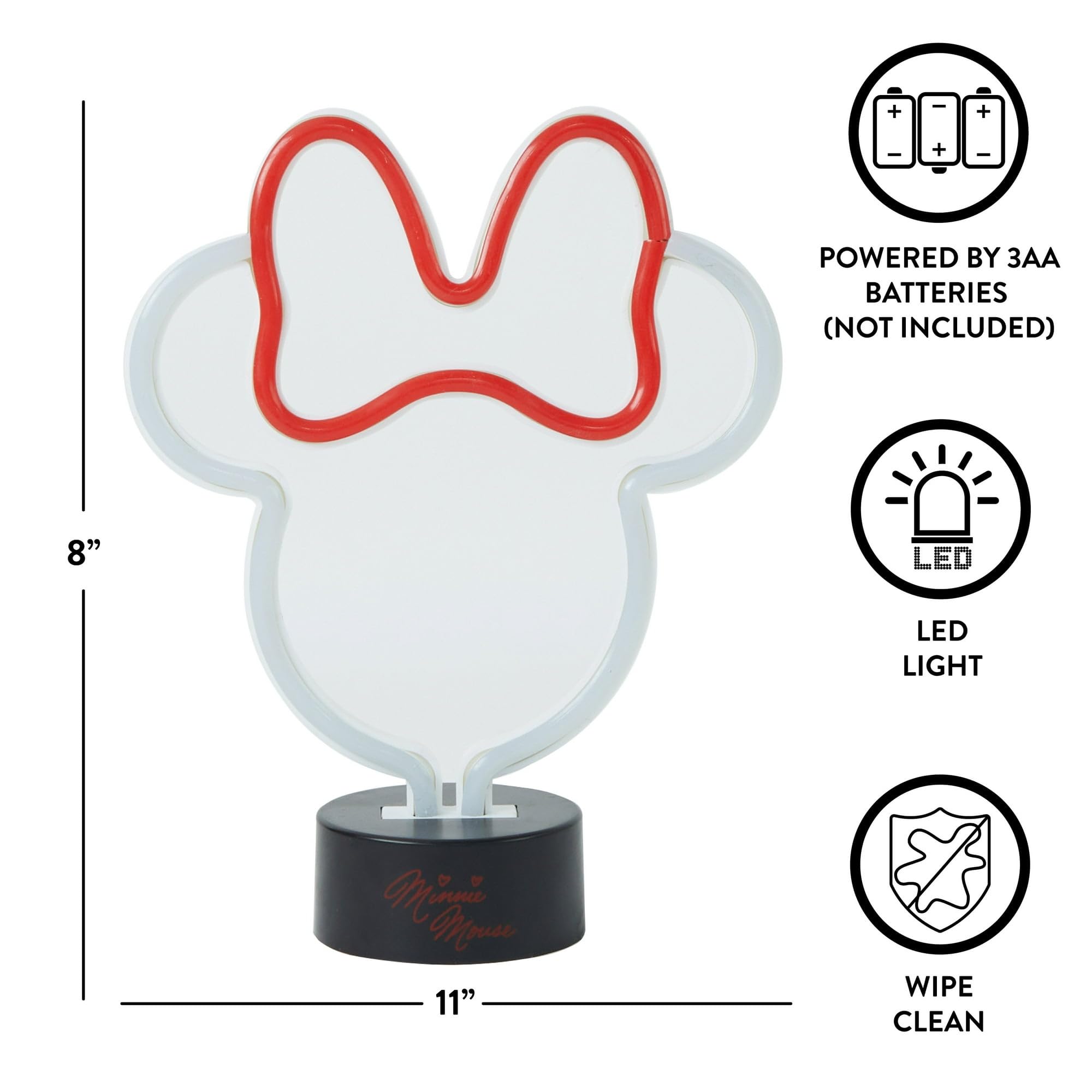 Idea Nuova Disney Minnie Mouse Battery Operated LED Neon Table Lamp with 4 Hour Timer