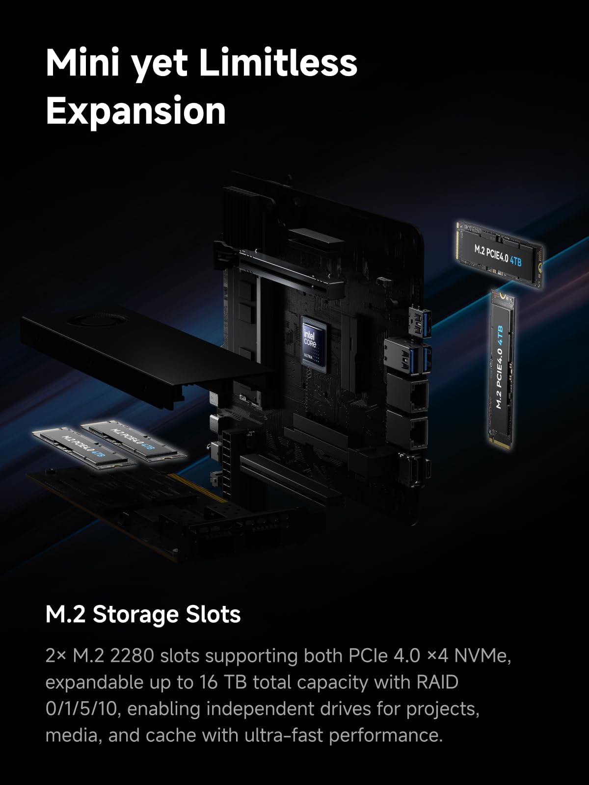 MINISFORUM MS-02 Ultra Workstation Mini PC, Intel Core Ultra 5 235HX (14 núcleos/14 Hilos, hasta 5.1GHz), PCIe 5.0 x16, 4× DDR5, USB4 v2, 10GbE + 2.5GbE (vPro), Wi-Fi 7, Barebone sin RAM/SSD — view 2