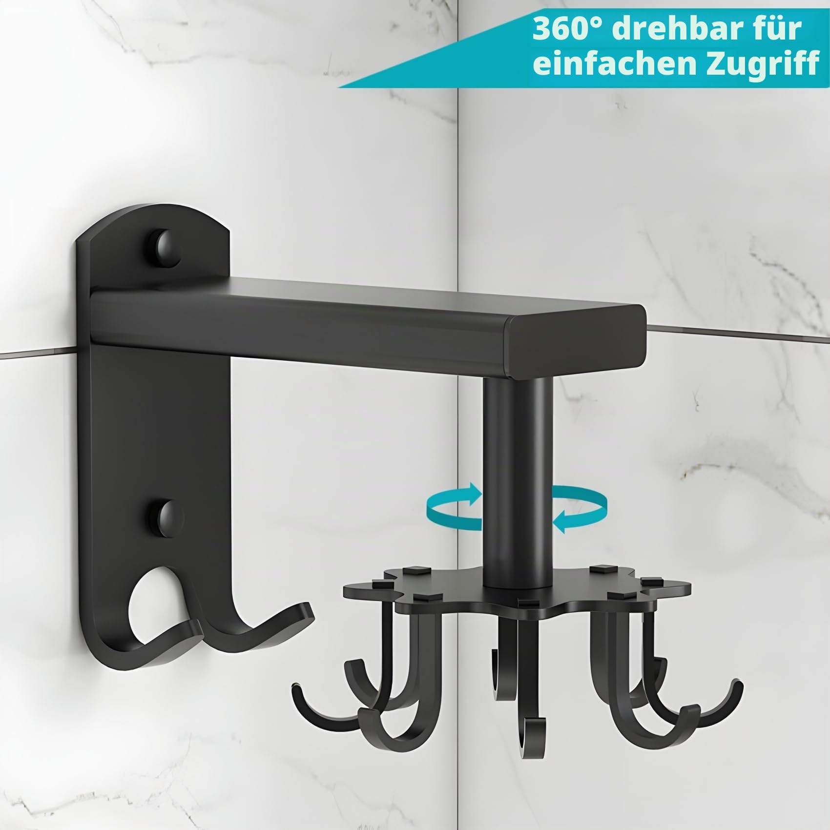 Selbstklebender Küchenutensilienhalter, Spatel und Schneidebrett Hakenleiste, Küche Organizer Aufhängeschiene, Wandhalterung Drehbarer Kochlöffelhalter mit 10 Haken, Schwarz