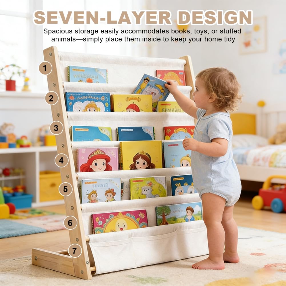 Kinder-Bücherregal 6 Ebenen, Montessori Kinderregal mit Tasche, Kinderregal für Buchaufbewahrung mit Kippsicherung, Bücherregal für Kinder, Wandregal Kinderzimmer für Kinderzimmer und Spielzimmer