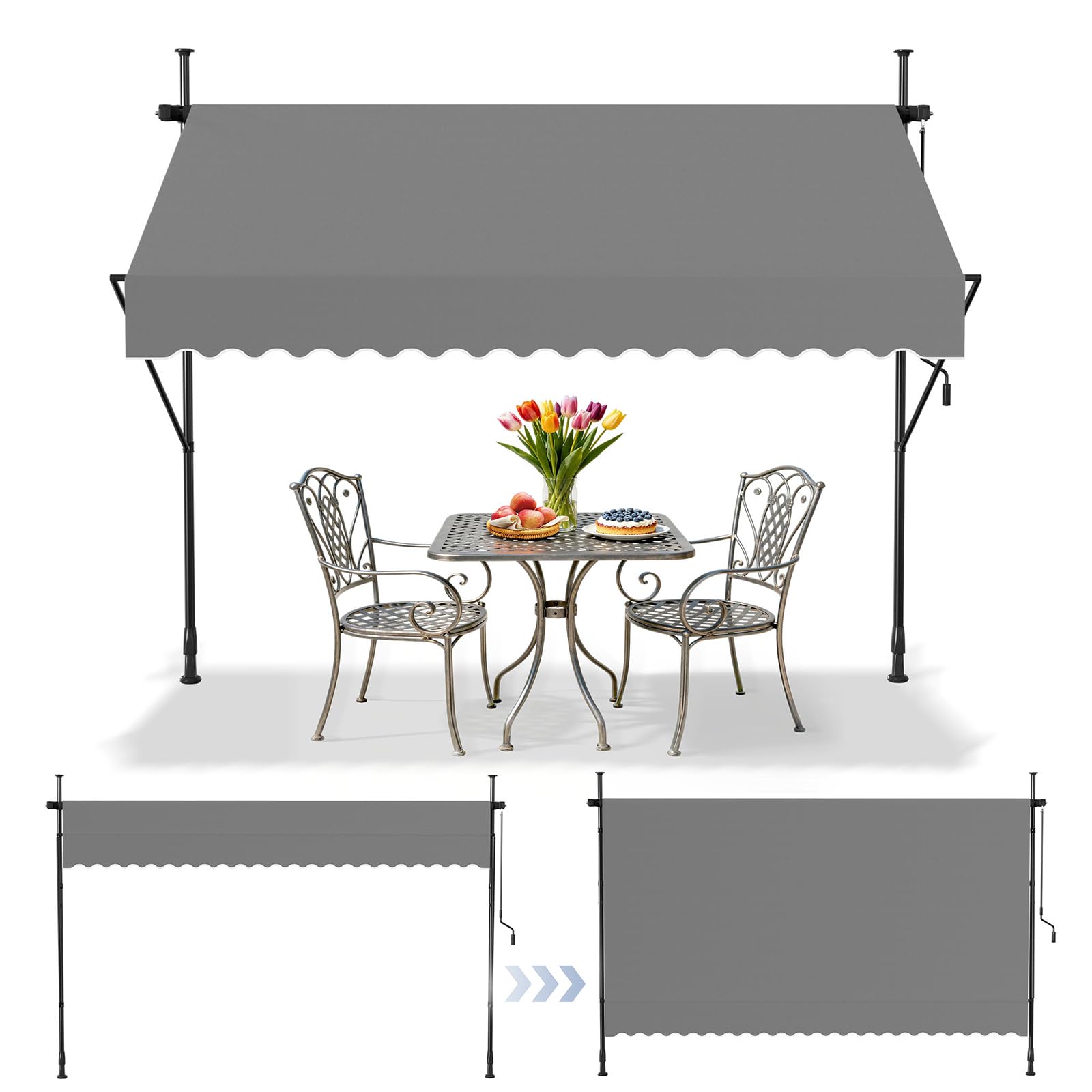 SAILUN Manual Adjustable Awning DIY Patio Clamp Awning Telescopic Canopy with Hand Crank Retractable Shade Shelter For Balcony Garden Patio (200x120cm, Light Grey) — image 1
