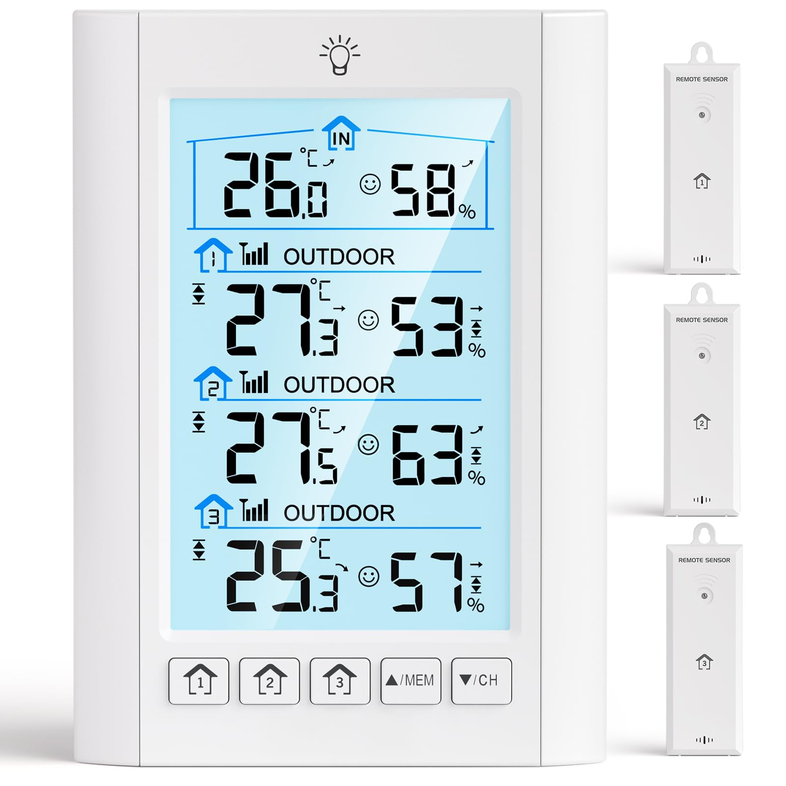 LIORQUE Funk Wetterstation mit 3 Außensensoren Digitales Thermometer Hygrometer Innen Funkwetterstation mit 100 m Reichweitensensor Thermo-Hygrometer für Gewächshaus Weinkeller