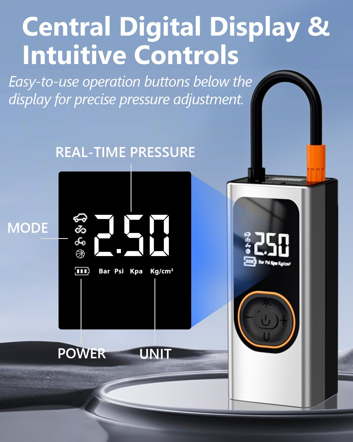 Compresor de Aire Portátil 6000mAh – Inflador Eléctrico 150 PSI Mini Bomba de Aire con Pantalla LCD Digital, Linterna LED, Power Bank y 4 Boquillas para Coches, Motos, Bicicletas Pelotas