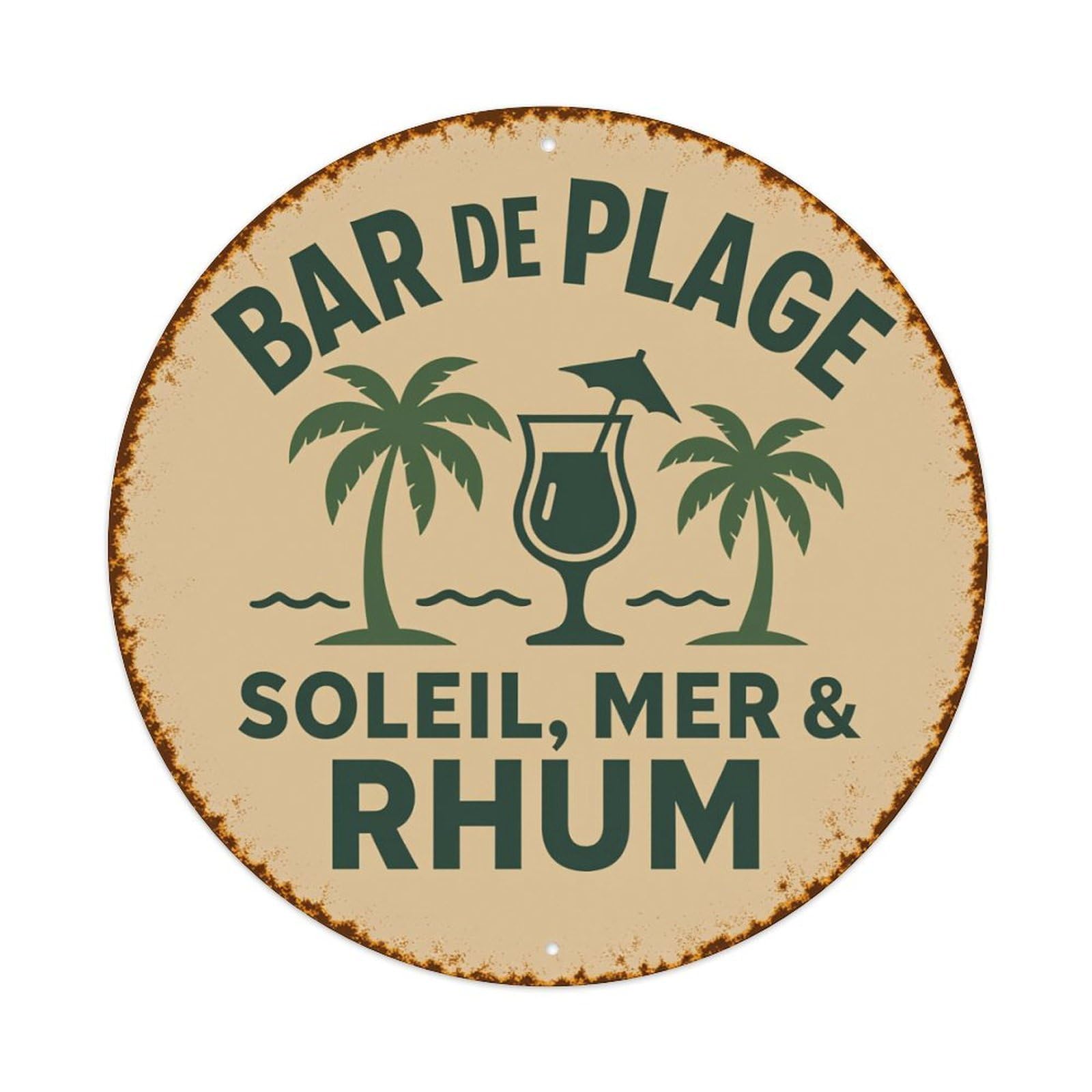 Beach Bar, Palm Trees, Cocktail Glass, Sun Sea Rum Round Tin Sign Vintage Metal Poster Retro Bar, Home, Man Cave, Kitchen, Laundry Room Wall Art Decor Gift 8x8Inch